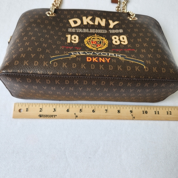 DKNY Signature Logo Maddison Dome Shoulder Bag Satchel Top Zip Brown Gold Chain - Picture 14 of 16